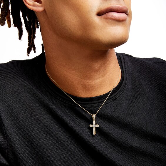 Men's 1/5 CT. T.w. Hexagonal Multi-Diamond Double-Row Cross Pendant in Sterling Silver with 14K Gold Plate