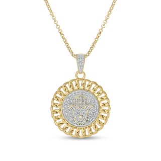Men's 1/4 CT. T.W. Diamond Hamsa Linked Chain Frame Medallion Pendant in Sterling Silver with 14K Gold Plate