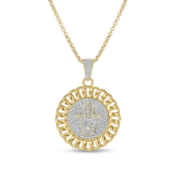 Men's 1/4 CT. T.w. Diamond Hamsa Linked Chain Frame Medallion Pendant in Sterling Silver with 14K Gold Plate