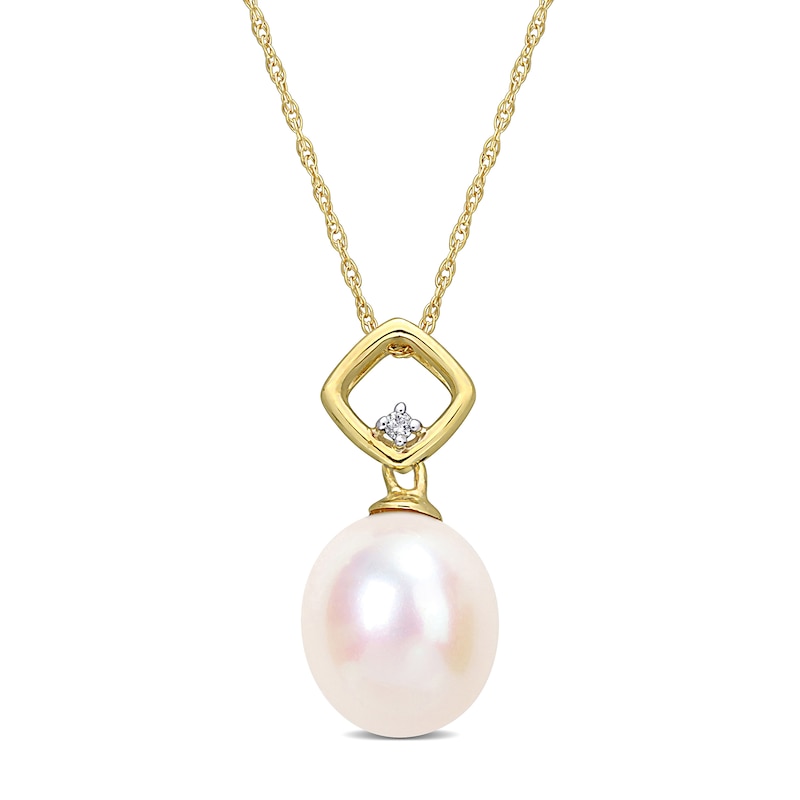 Main Image 1 of 9.0-9.5mm Baroque Freshwater Cultured Pearl and Diamond Accent Square Bail Pendant in 10K Gold-17"