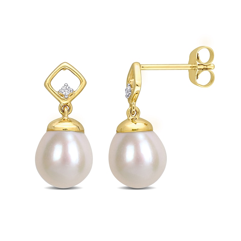 Main Image 1 of 8.0-8.5mm Baroque Freshwater Cultured Pearl and Diamond Accent Square Drop Earrings in 10K Gold