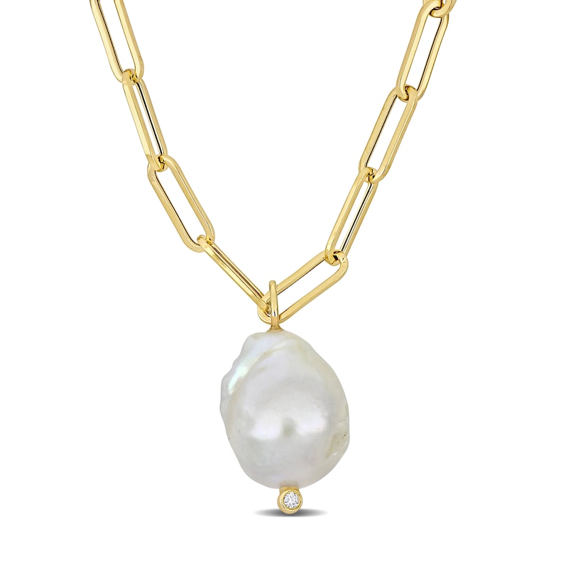 Main Image 1 of 14.5-15.0mm Baroque Freshwater Cultured Pearl and Diamond Accent Paper Clip Link Drop Necklace in 14K Gold