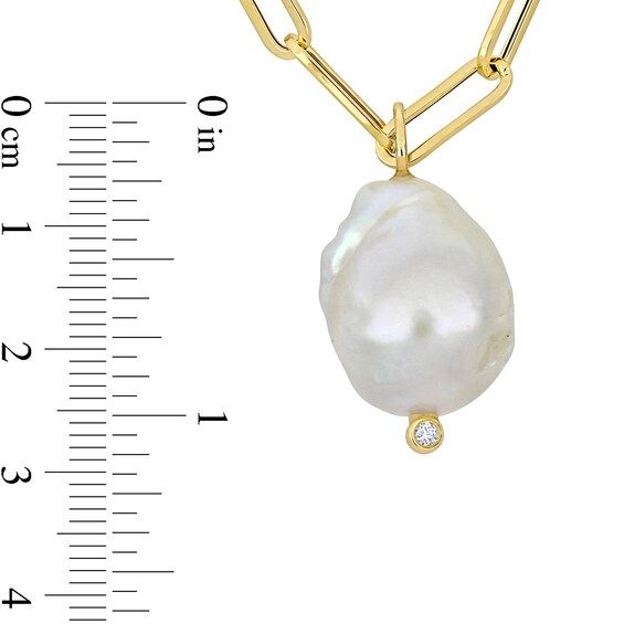 14.5-15.0mm Baroque Freshwater Cultured Pearl and Diamond Accent Paper Clip Link Drop Necklace in 14K Gold