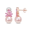 Thumbnail Image 0 of 9.0-9.5mm Pink Cultured Freshwater Pearl, Pink Sapphire, and 1/8 CT. T.W. Diamond Flower Drop Earrings in 14K Rose Gold
