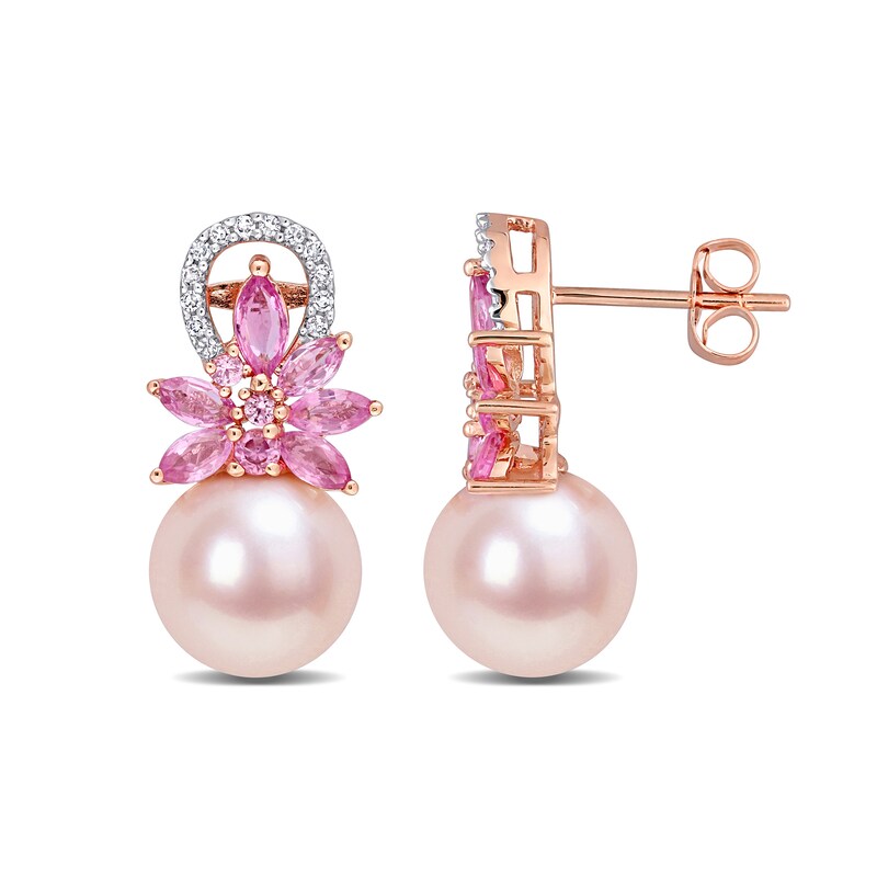 9.0-9.5mm Pink Cultured Freshwater Pearl, Pink Sapphire, and 1/8 CT. T.W. Diamond Flower Drop Earrings in 14K Rose Gold