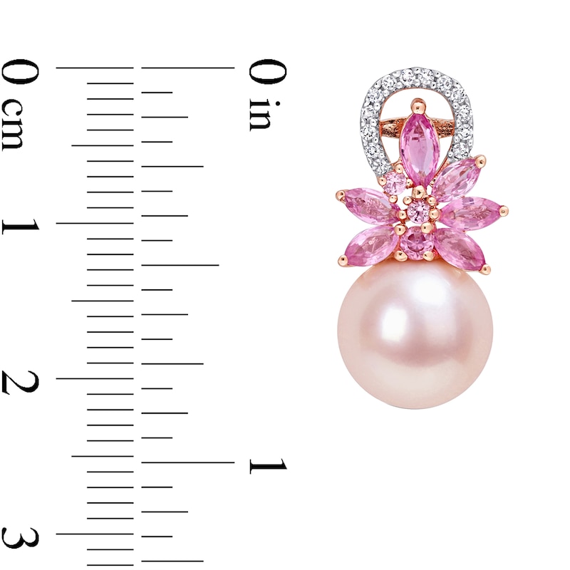 9.0-9.5mm Pink Cultured Freshwater Pearl, Pink Sapphire, and 1/8 CT. T.W. Diamond Flower Drop Earrings in 14K Rose Gold