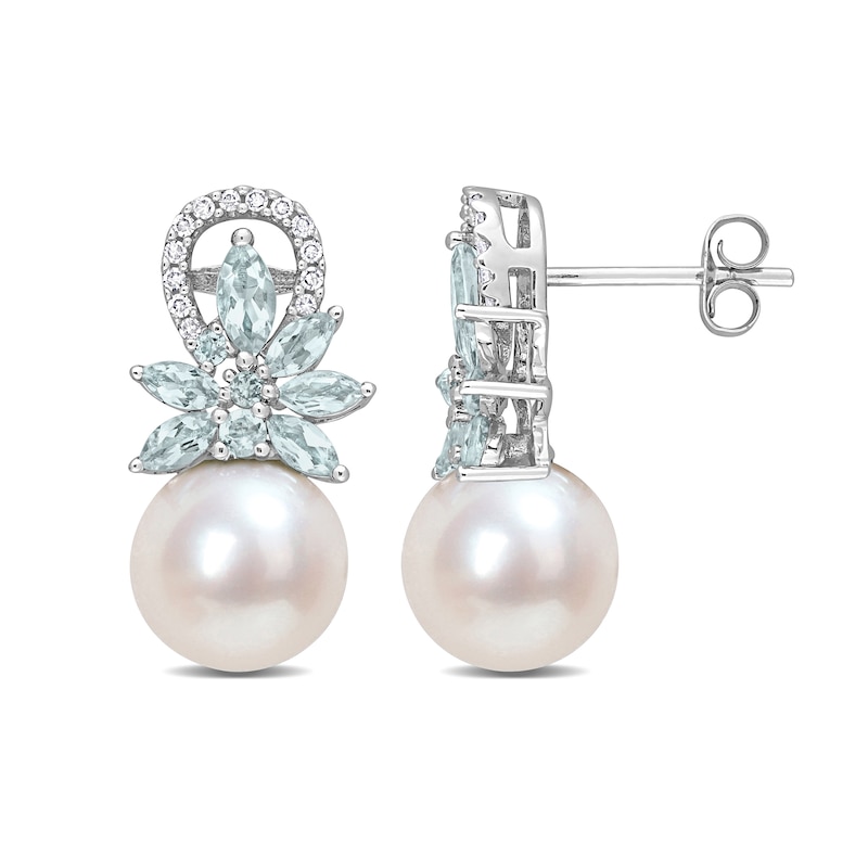 Main Image 1 of 9.0-9.5mm Freshwater Cultured Pearl, Aquamarine, and 1/8 CT. T.W. Diamond Flower Drop Earrings in 14K White Gold