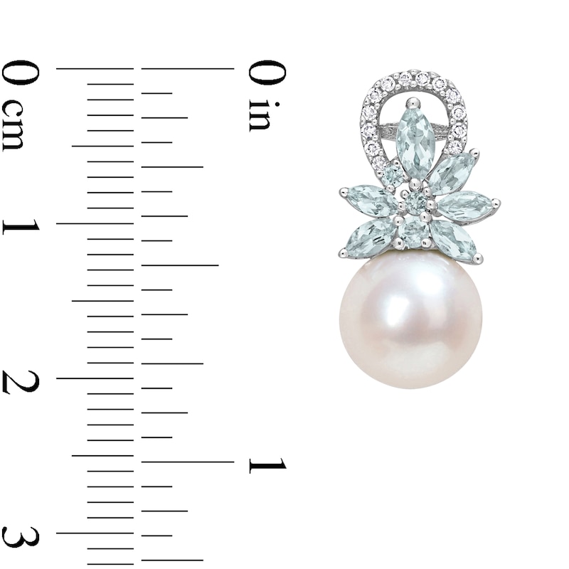 Main Image 3 of 9.0-9.5mm Freshwater Cultured Pearl, Aquamarine, and 1/8 CT. T.W. Diamond Flower Drop Earrings in 14K White Gold
