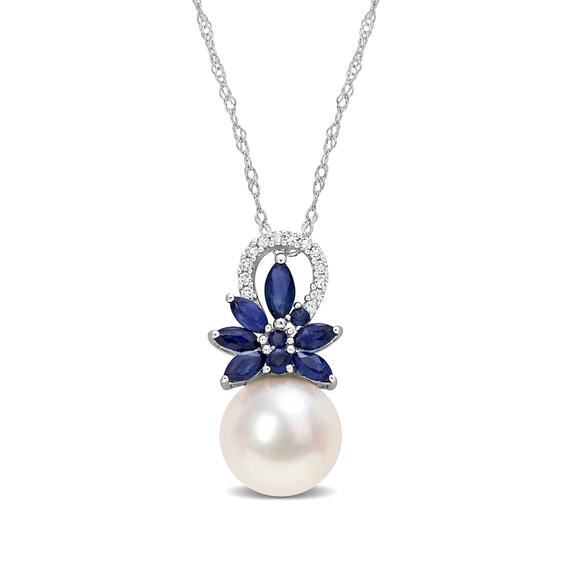 Main Image 1 of 9.5-10.0mm Freshwater Cultured Pearl, Blue Sapphire, and 1/15 CT. T.W. Diamond Flower Pendant in 14K White Gold-17"