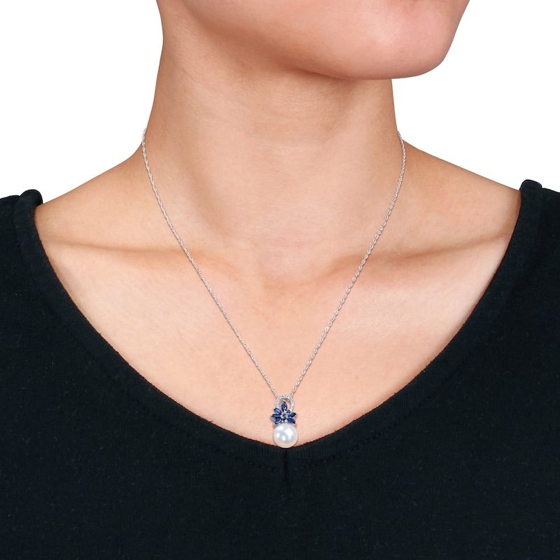 Main Image 2 of 9.5-10.0mm Freshwater Cultured Pearl, Blue Sapphire, and 1/15 CT. T.W. Diamond Flower Pendant in 14K White Gold-17"