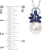 Thumbnail Image 3 of 9.5-10.0mm Freshwater Cultured Pearl, Blue Sapphire, and 1/15 CT. T.W. Diamond Flower Pendant in 14K White Gold-17"