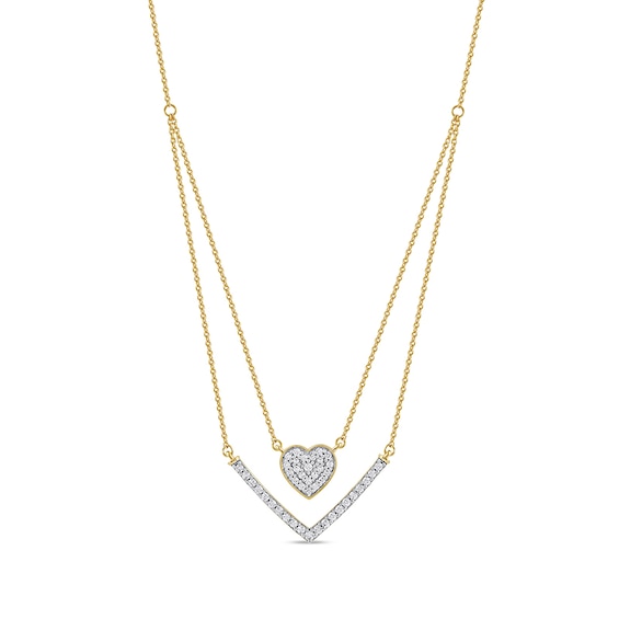 1/3 C.t. T.w. Diamond Heart and Chevron Double Strand Necklace in 10K Gold
