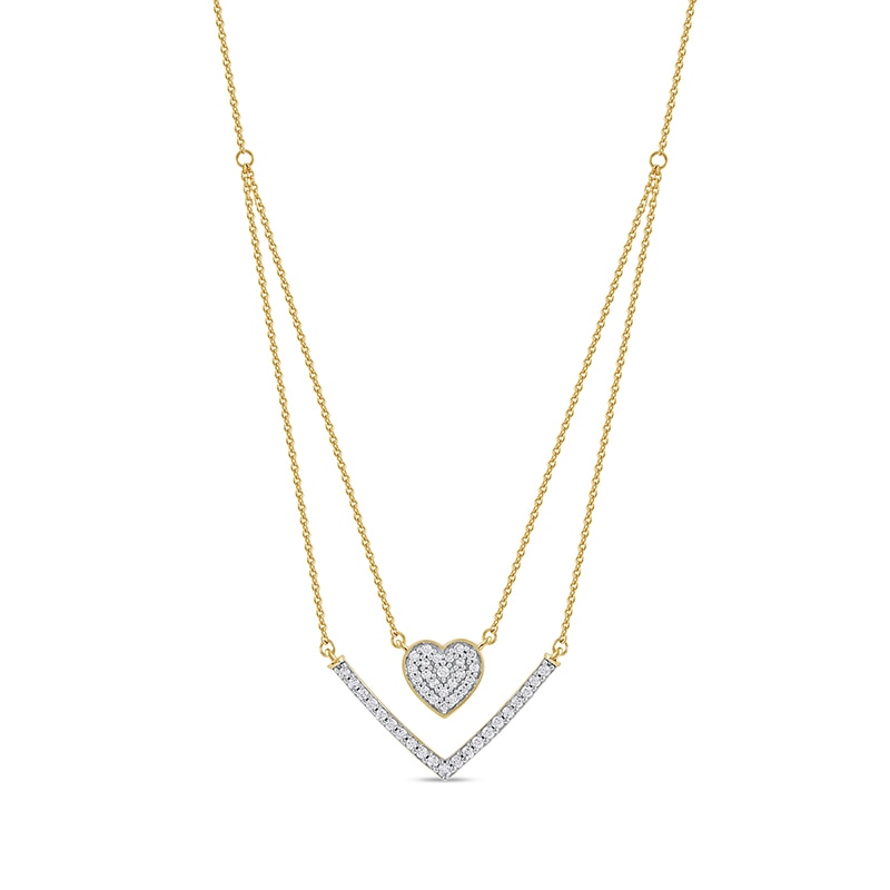 Main Image 1 of 1/3 C.T. T.W. Diamond Heart and Chevron Double Strand Necklace in 10K Gold