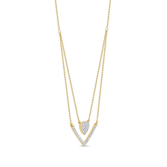 1/3 C.t. T.w. Diamond Heart and Chevron Double Strand Necklace in 10K Gold