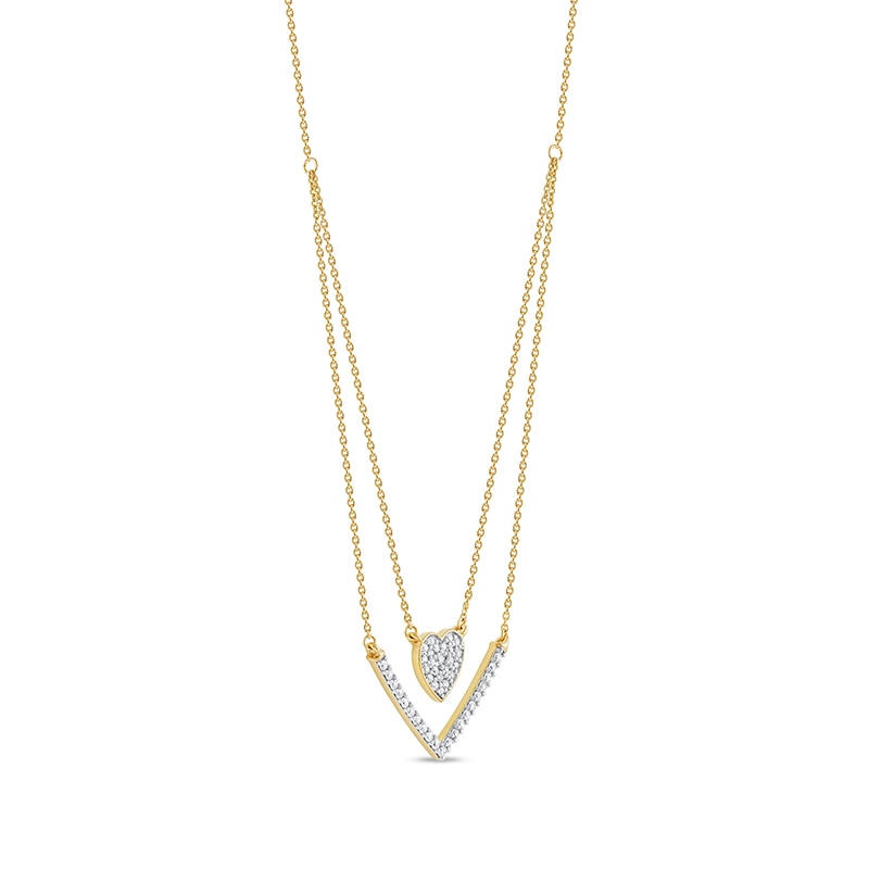 Main Image 2 of 1/3 C.T. T.W. Diamond Heart and Chevron Double Strand Necklace in 10K Gold