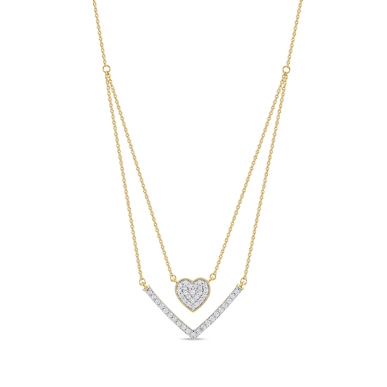 1/3 C.t. T.w. Diamond Heart and Chevron Double Strand Necklace in 10K Gold