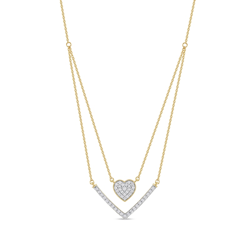 1/3 C.T. T.W. Diamond Heart and Chevron Double Strand Necklace in 10K Gold