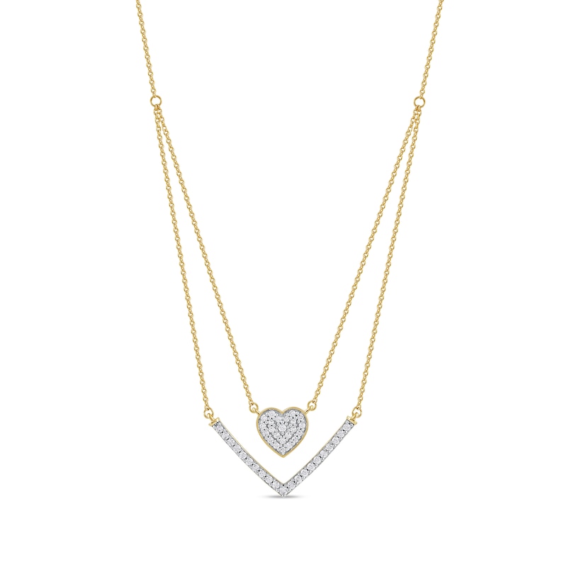 1/3 C.T. T.W. Diamond Heart and Chevron Double Strand Necklace in 10K Gold