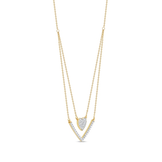 1/3 C.t. T.w. Diamond Heart and Chevron Double Strand Necklace in 10K Gold