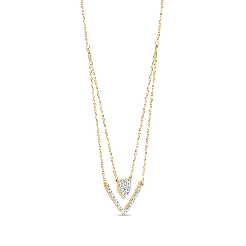 1/3 C.T. T.W. Diamond Heart and Chevron Double Strand Necklace in 10K Gold