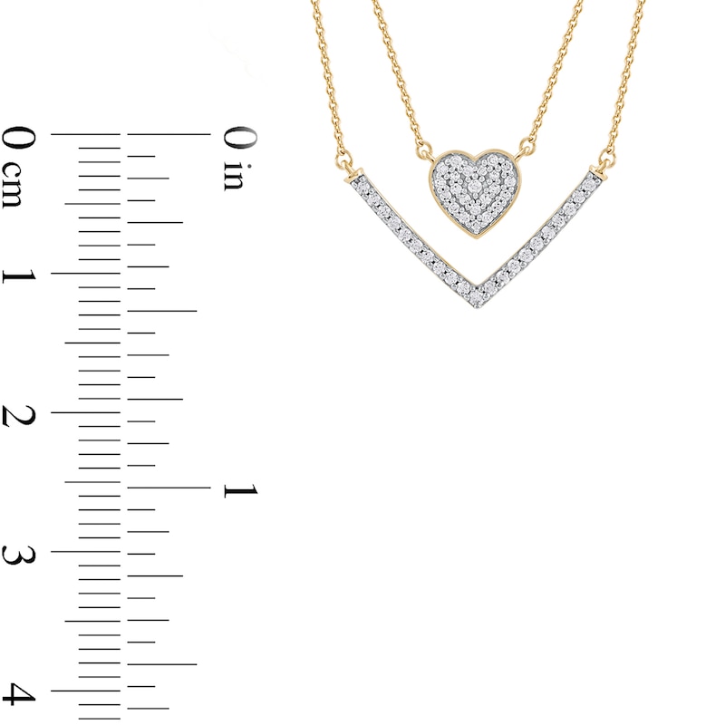 1/3 C.T. T.W. Diamond Heart and Chevron Double Strand Necklace in 10K Gold