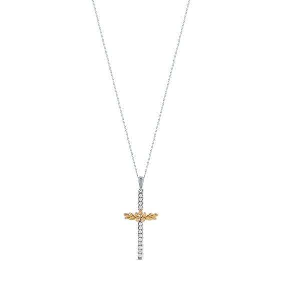 1/10 CT. T.w. Diamond Flower and Leaves Cross Pendant in Sterling Silver with 14K Gold Plate