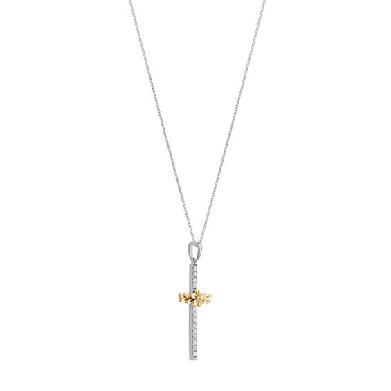 1/10 CT. T.w. Diamond Flower and Leaves Cross Pendant in Sterling Silver with 14K Gold Plate