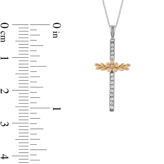 1/10 CT. T.w. Diamond Flower and Leaves Cross Pendant in Sterling Silver with 14K Gold Plate