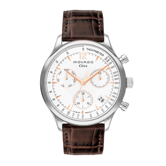 Men's Movado HeritageÂ® Circa Chronograph Brown Leather Strap Watch with White Dial (Model: 3650132)
