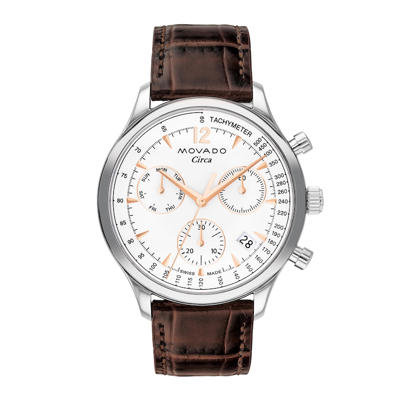 Men's Movado Heritage® Circa Chronograph Brown Leather Strap Watch with White Dial (Model: 3650132)