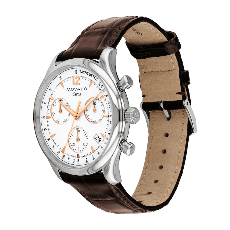 Men's Movado Heritage® Circa Chronograph Brown Leather Strap Watch with White Dial (Model: 3650132)