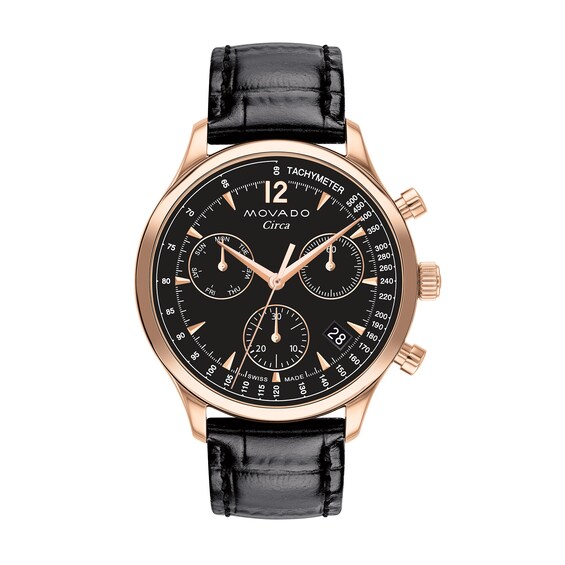 Men's Movado HeritageÂ® Circa Rose-Tone IP Chronograph Black Faux Leather Strap Watch with Black Dial (Model: 3650133)