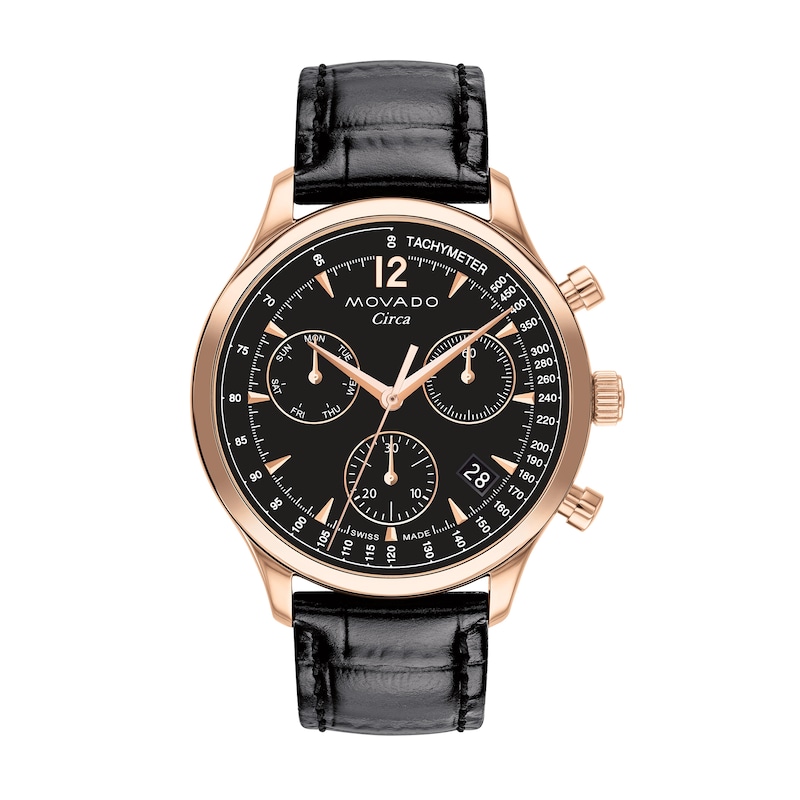 Main Image 1 of Men's Movado Heritage® Circa Rose-Tone IP Chronograph Black Faux Leather Strap Watch with Black Dial (Model: 3650133)