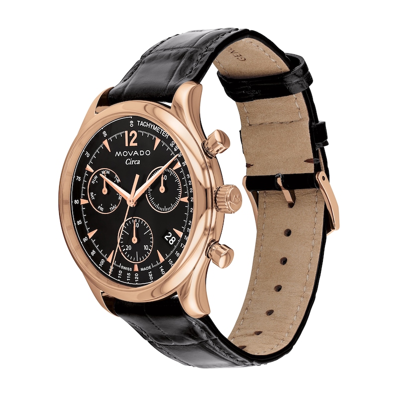 Main Image 2 of Men's Movado Heritage® Circa Rose-Tone IP Chronograph Black Faux Leather Strap Watch with Black Dial (Model: 3650133)