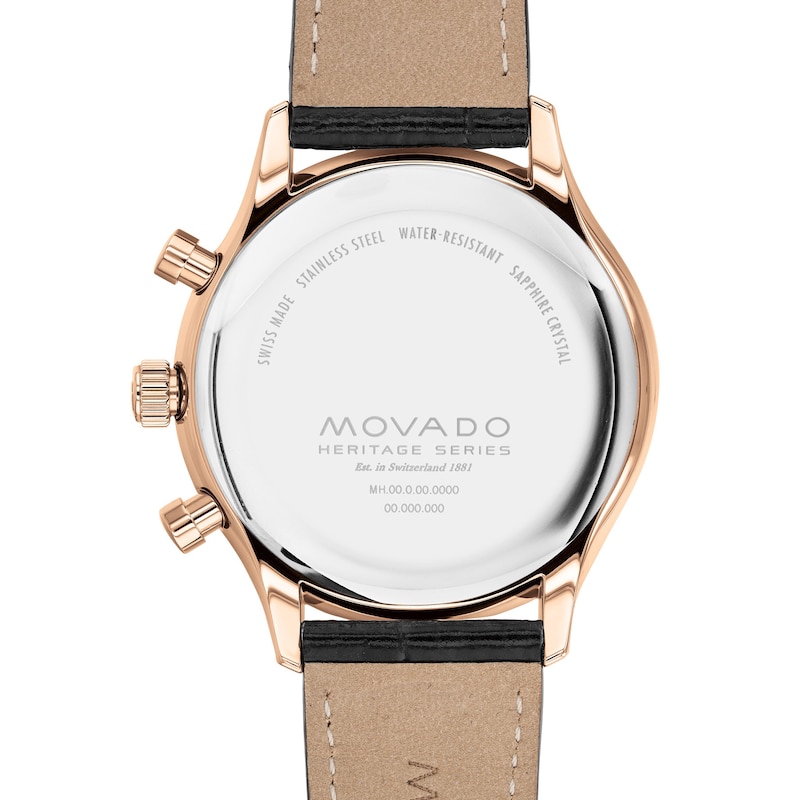 Main Image 3 of Men's Movado Heritage® Circa Rose-Tone IP Chronograph Black Faux Leather Strap Watch with Black Dial (Model: 3650133)