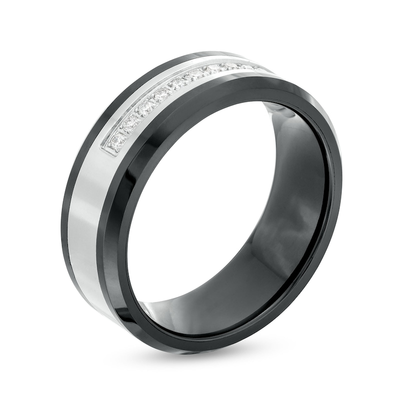 Main Image 3 of 1/6 CT. T.W. Diamond Wedding Band in Stainless Steel and Black Ceramic – Size 10