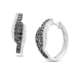 1 CT. T.W. Black and White Diamond Bypass Double Row Hoop Earrings in 10K White Gold