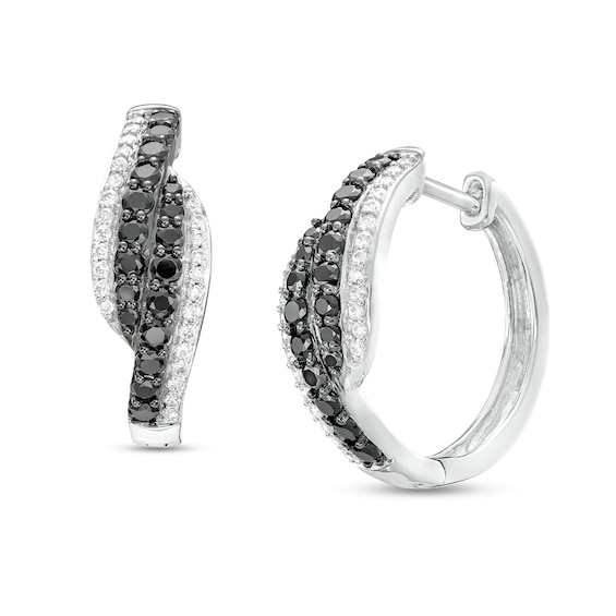 1 CT. T.w. Black and White Diamond Bypass Double Row Hoop Earrings in 10K White Gold