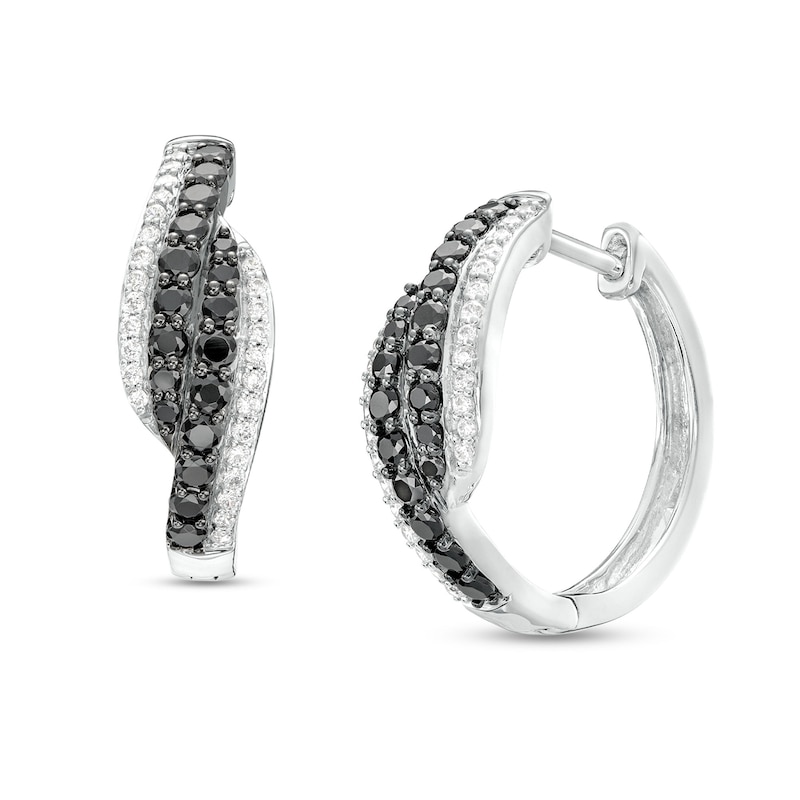 Main Image 1 of 1 CT. T.W. Black and White Diamond Bypass Double Row Hoop Earrings in 10K White Gold