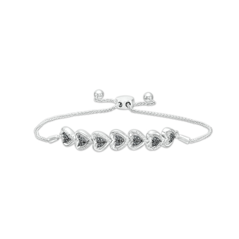 Main Image 1 of 1/10 CT. T.W. Black and White Diamond Alternating Hearts Bolo Bracelet in Sterling Silver - 9.5"