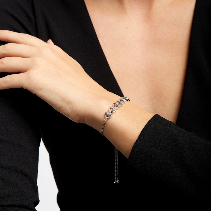 Main Image 2 of 1/10 CT. T.W. Black and White Diamond Alternating Hearts Bolo Bracelet in Sterling Silver - 9.5"
