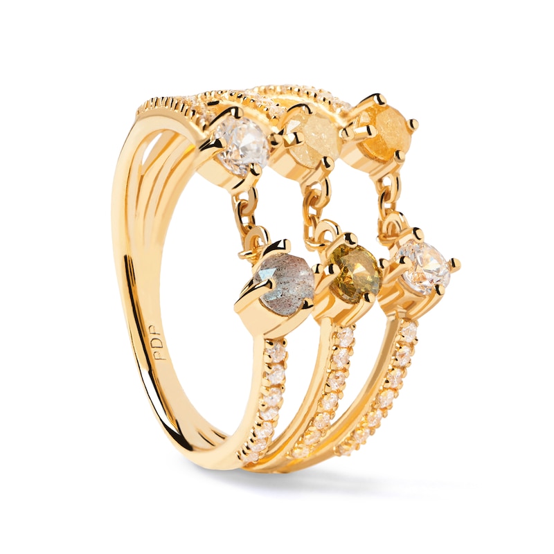 PDPAOLA™ at Zales Blue Labradorite and Multi-Color Cubic Zirconia Triple Row Ring in Sterling Silver with 18K Gold