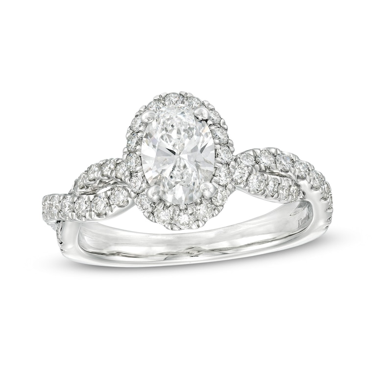 Main Image 1 of Kleinfeld® x Zales 1-3/4 CT. T.W. Certified Oval Lab-Grown Diamond Frame Twist Engagement Ring in Platinum (F/VS2)