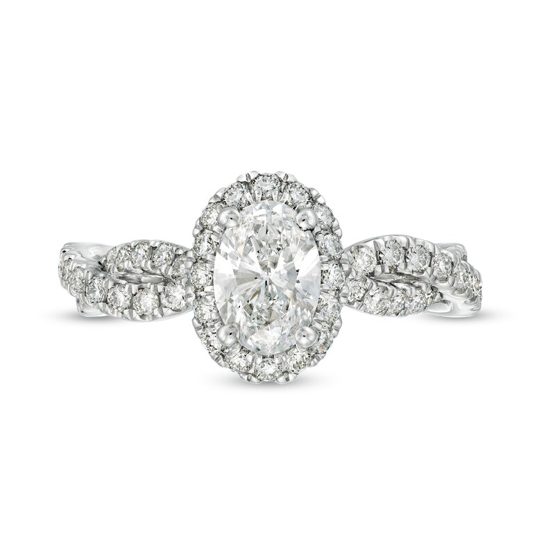 Kleinfeld® x Zales 1-3/4 CT. T.W. Certified Oval Lab-Created Diamond Frame Twist Engagement Ring in Platinum (F/VS2)