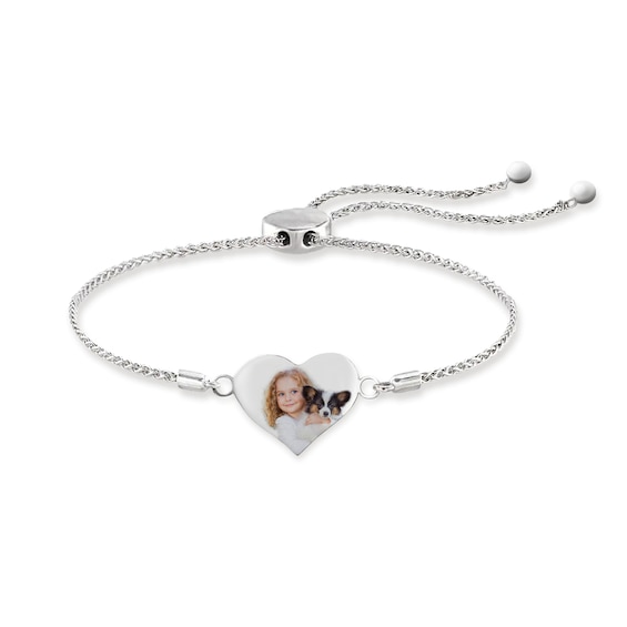 Engravable Photo Heart Bolo Bracelet in Sterling Silver (1 Image and Line) - 7.5"