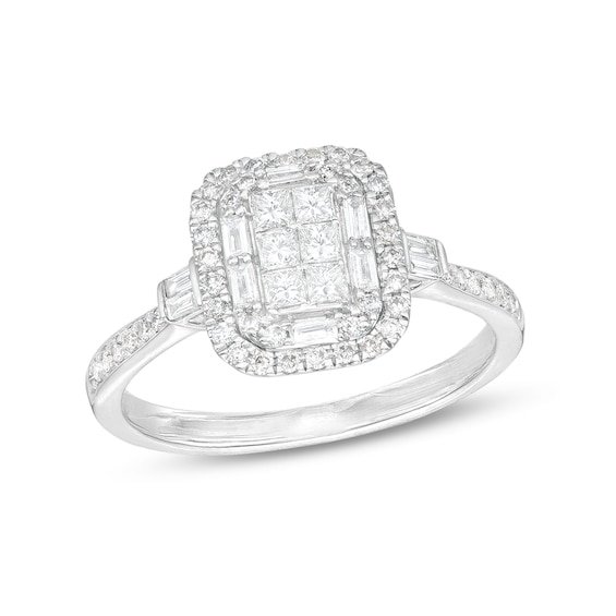 1/2 CT. T.w. Emerald-Shaped Multi-Diamond Double Frame Ring in 10K White Gold