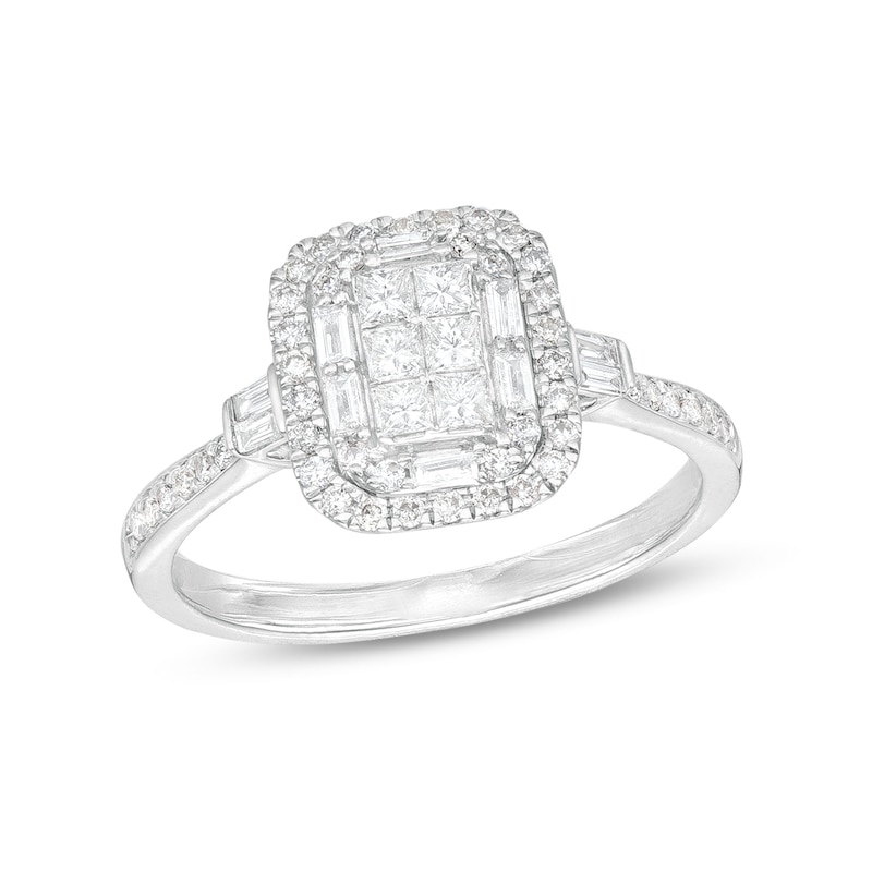 Main Image 1 of 1/2 CT. T.W. Emerald-Shaped Multi-Diamond Double Frame Ring in 10K White Gold