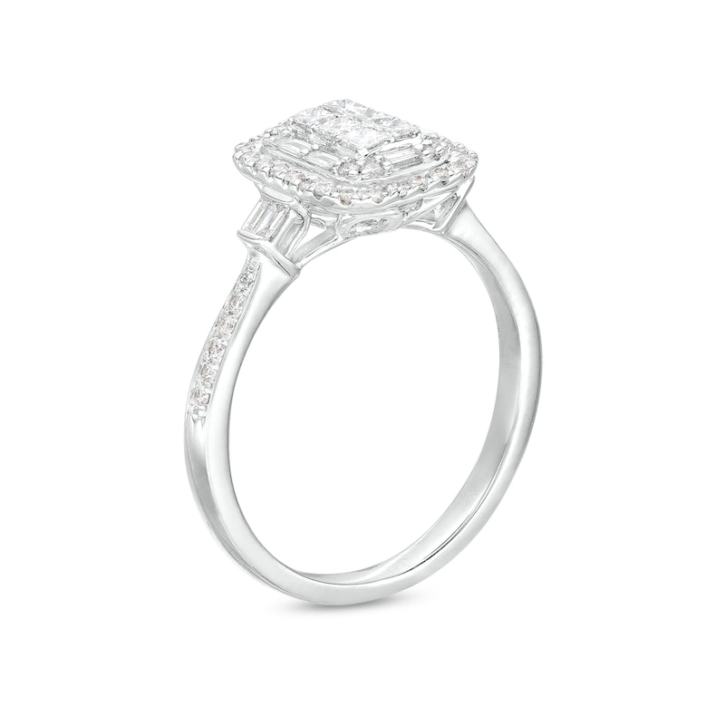 Main Image 3 of 1/2 CT. T.W. Emerald-Shaped Multi-Diamond Double Frame Ring in 10K White Gold