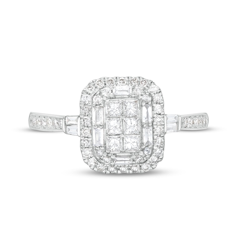 Main Image 4 of 1/2 CT. T.W. Emerald-Shaped Multi-Diamond Double Frame Ring in 10K White Gold