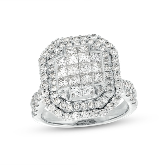 2 CT. T.w. Emerald-Shaped Multi-Diamond Double Frame Twist Shank Ring in 10K White Gold